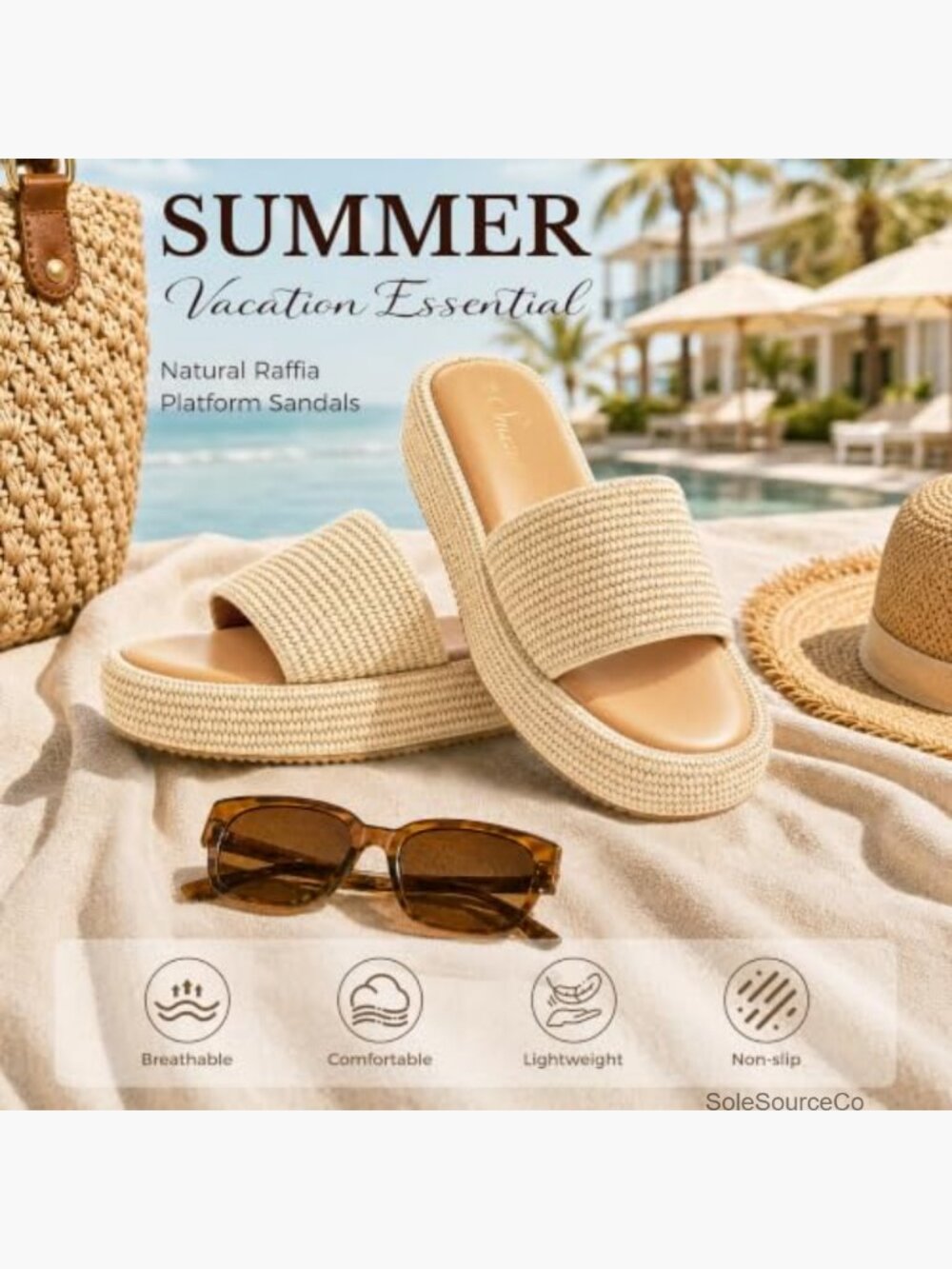 Platform Raffia Sandals, Woven Slip On Straw Sandals for Women, Summer Beach - Picture 6 of 6